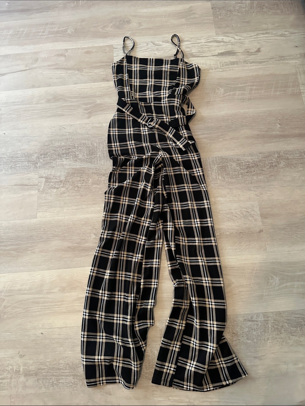 Almost Famous Black & Cream Plaid Belted Wide-Leg Jumpsuit